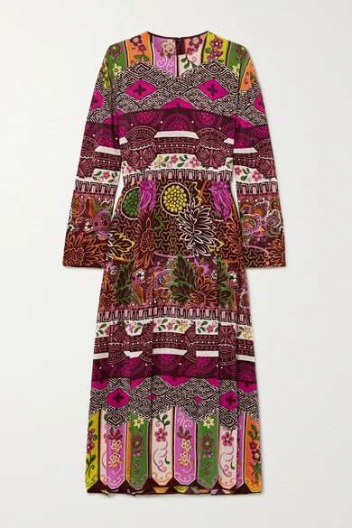 Pleated Printed Silk Midi Dress - Plum