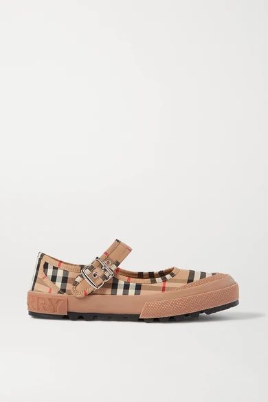 Rubber-trimmed Checked Canvas Flats - Beige