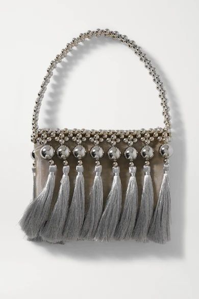 La Traviatta Baguette Embellished Tasselled Mesh Shoulder Bag - Silver
