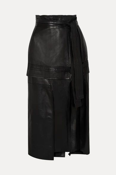 Belted Leather Midi Skirt - Black