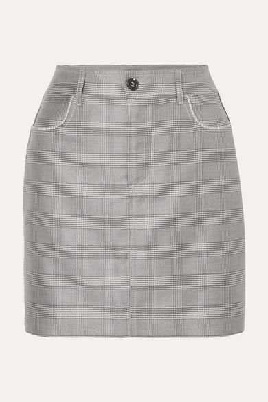 Crystal-embellished Checked Silk And Wool-blend Mini Skirt - Light gray