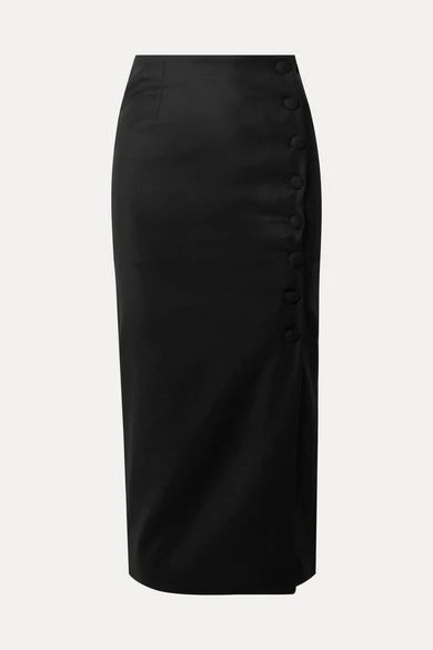 Button-embellished Wool-crepe Midi Skirt - Black
