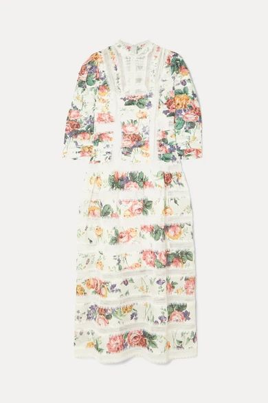 Allia Pintucked Lace-paneled Floral-print Linen Dress - White