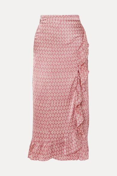 Kimi Ruffled Printed Silk-satin Wrap Skirt - Pastel pink