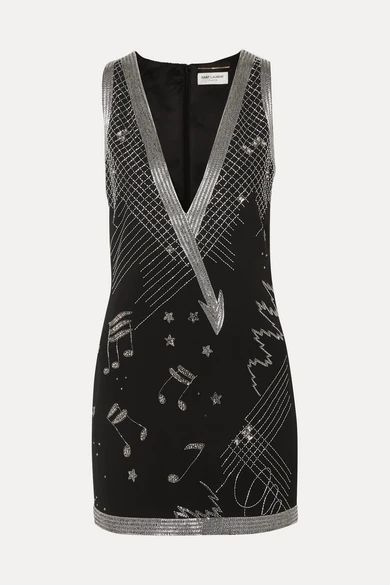 Embroidered Crepe Mini Dress - Black