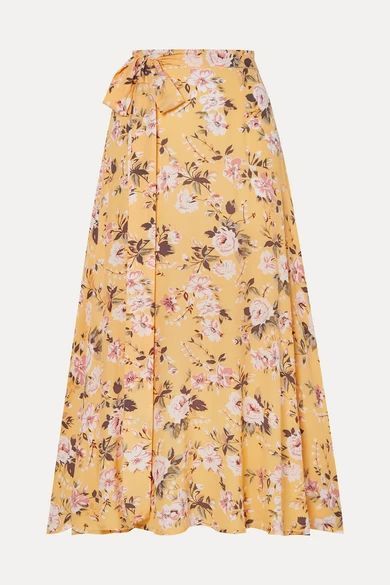 Asiya Belted Floral-print Crepe Wrap-effect Midi Skirt - Yellow