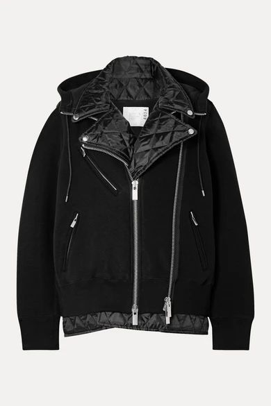 Hooded Quilted Shell-paneled Cotton-blend Jersey Biker Jacket - Black