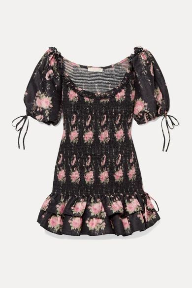 Violet Smocked Ruffled Floral-print Silk-voile Mini Dress - Black