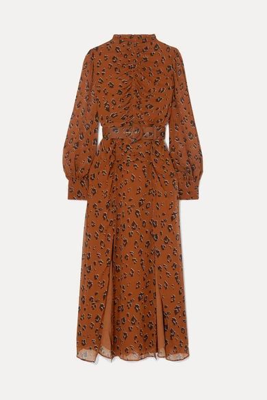 Ruched Belted Leopard-print Silk-chiffon Midi Dress - Light denim