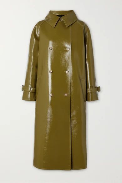 Oversized Double-breasted Glossed Faux Textured-leather Trench Coat - Green