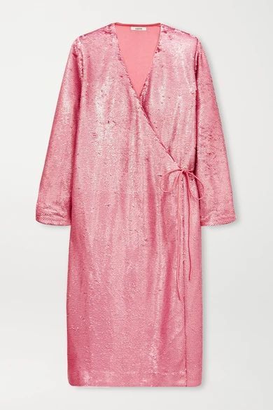 Sequined Satin Wrap Dress - Pink