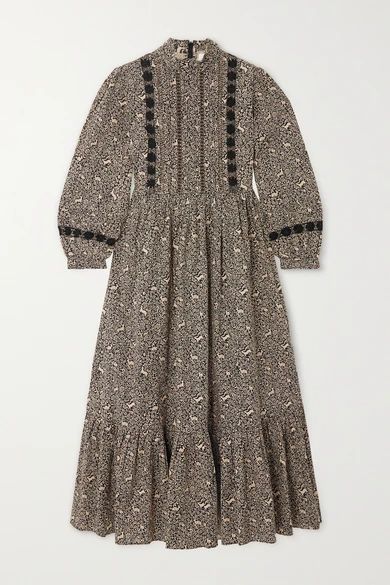 Nova Embroidered Printed Cotton Midi Dress - Neutral