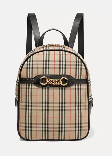 Embellished Leather And Checked Cotton-drill Backpack - Beige