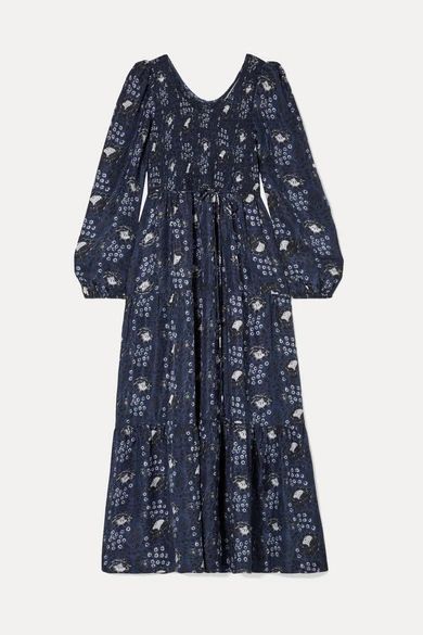 Olivia Smocked Floral-print Silk-satin Maxi Dress - Navy