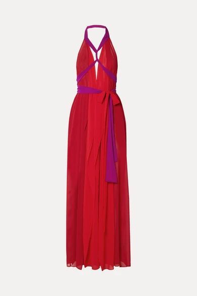 Cutout Chiffon Halterneck Maxi Dress - Red