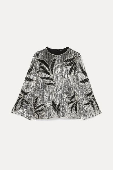 Clara Embellished Sequined Tulle Top - Silver