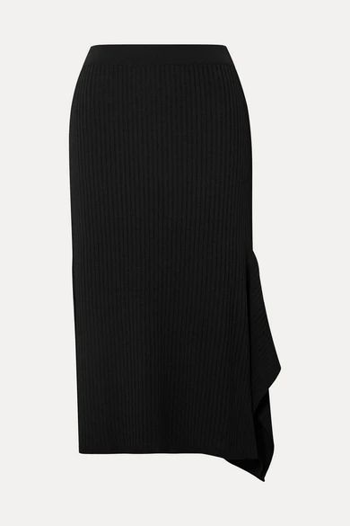 Fano Draped Asymmetric Ribbed-knit Midi Skirt - Black