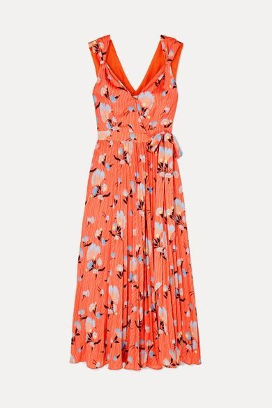 Pleated Floral-print Crepe De Chine Wrap Dress - Red