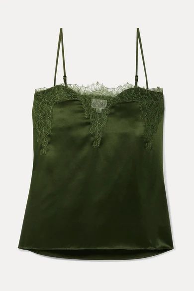 The Sweetheart Lace-trimmed Silk-charmeuse Camisole - Army green