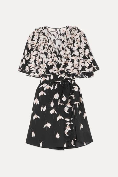 Ruffled Floral-print Silk Crepe De Chine Mini Wrap Dress - Black