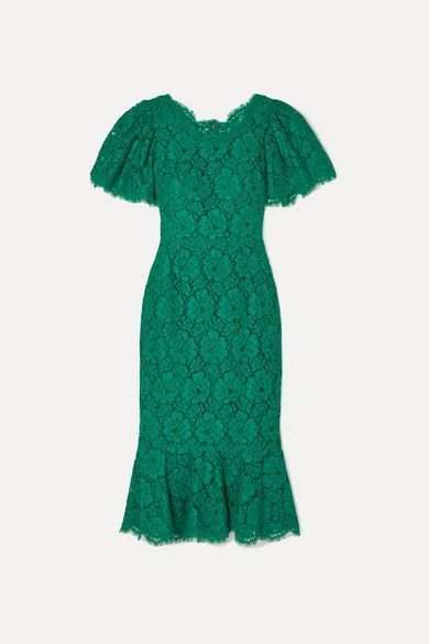 Ruffled Corded Lace Midi Dress - Green
