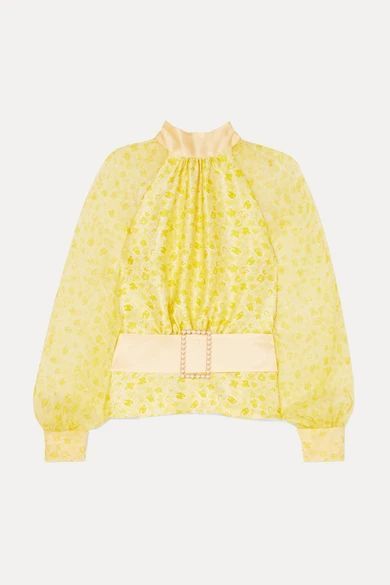 Open-back Floral-print Silk-satin And Crepon Blouse - Pastel yellow
