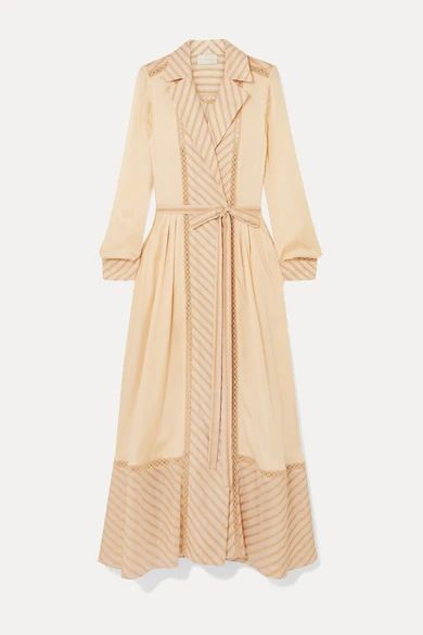 Ami Embroidered Tulle-trimmed Striped Silk-poplin Dress - Beige