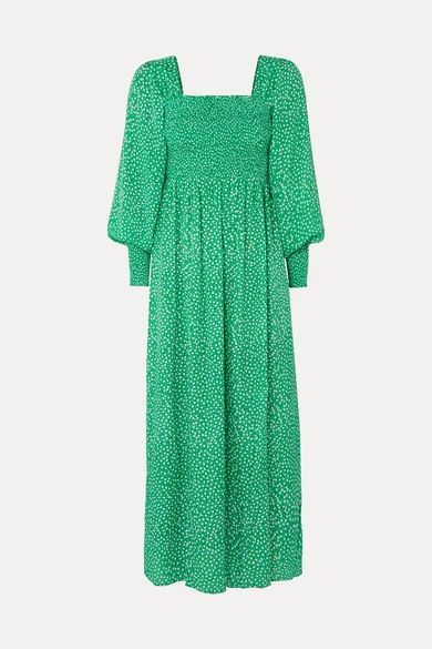 Marianne Shirred Floral-print Crepe De Chine Midi Dress - Green