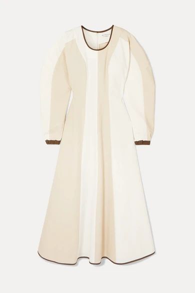 Maren Faux Leather-trimmed Herringbone Cotton Maxi Dress - Off-white