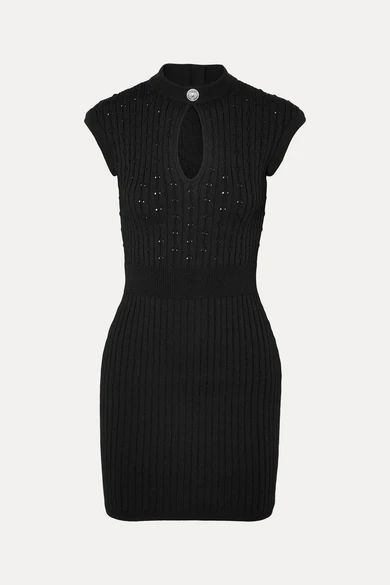 Button-embellished Ribbed Pointelle-knit Mini Dress - Black