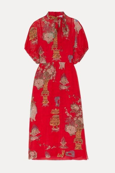 Pussy-bow Printed Silk Crepe De Chine Midi Dress - IT46