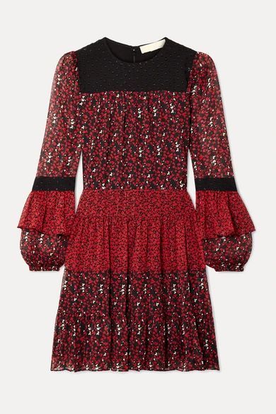 Paneled Printed Georgette And Fil Coupé Chiffon Mini Dress - Red