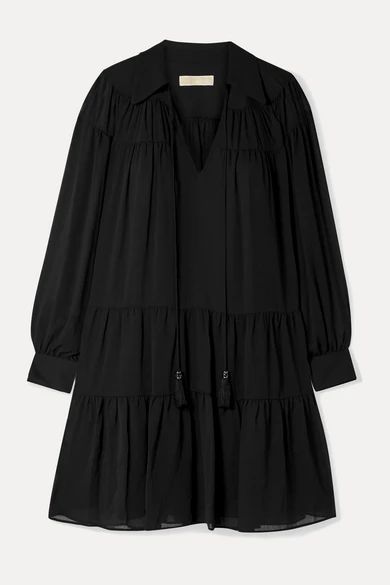 Tasseled Tiered Crepon Mini Dress - Black