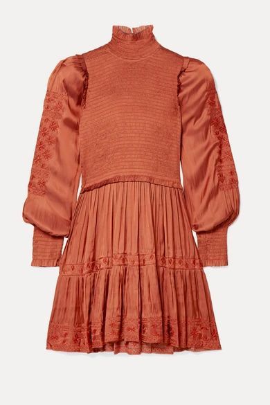 Angelica Shirred Embroidered Satin Mini Dress - Orange