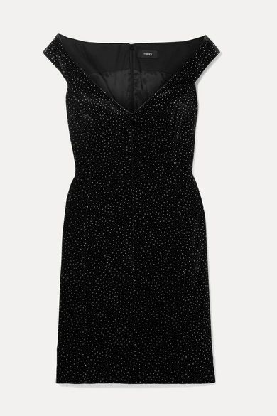 Off-the-shoulder Polka-dot Cotton-velvet Mini Dress - Black