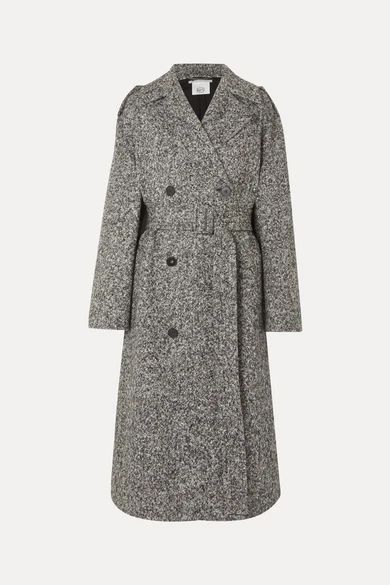 Oversized Double-breasted Belted Mélange Wool-tweed Coat - Black