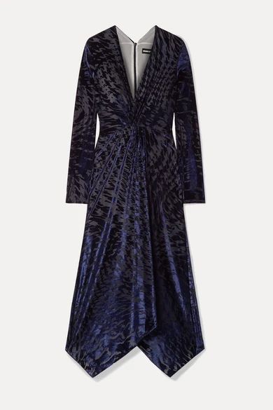 Knotted Stretch Devoré-velvet Midi Dress - Midnight blue