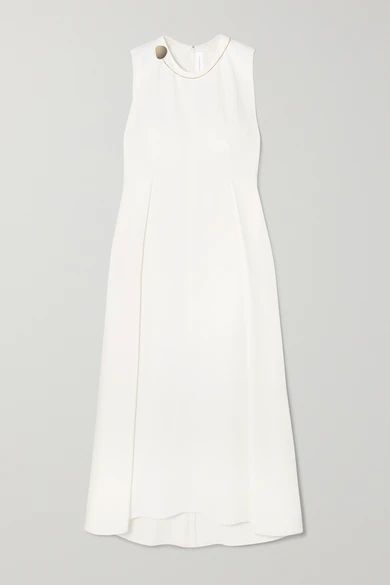 Embellished Pleated Stretch-cady Midi Dress - White