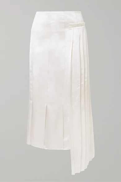 Pleated Asymmetric Satin Midi Skirt - Ivory