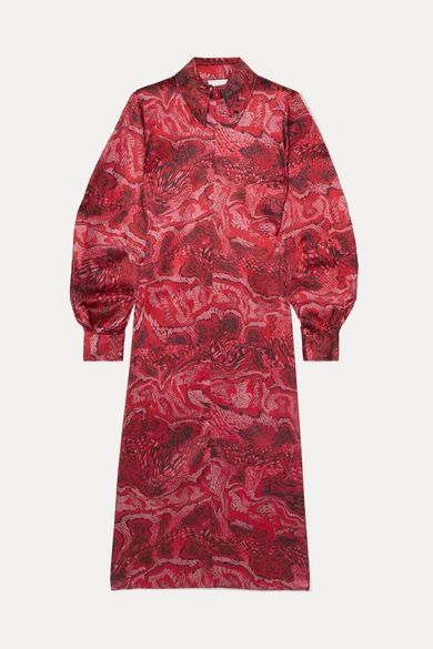 Printed Stretch-silk Satin Midi Dress - Red