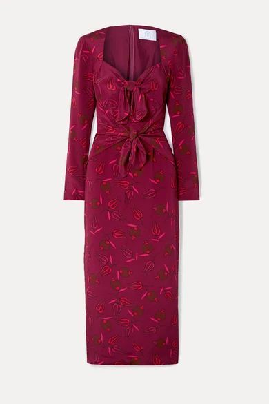 Zaza Tie-detailed Printed Silk Crepe De Chine Midi Dress - Burgundy
