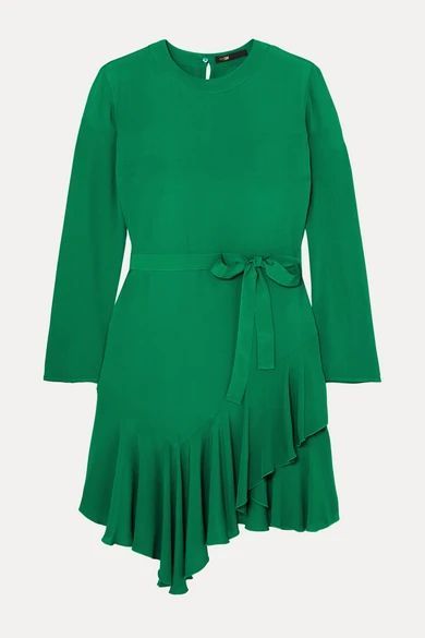 Romea Belted Asymmetric Ruffled Crepe Dress - Green