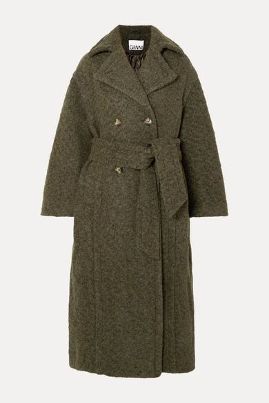 Oversized Double-breasted Wool-blend Bouclé Coat - Army green