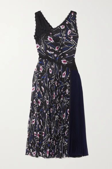 Paneled Floral-print Chiffon, Crepe And Lace Midi Dress - Black
