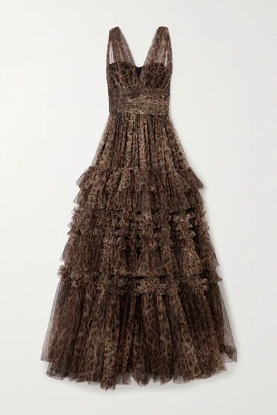 Ruffled Tiered Leopard-print Tulle Gown - Brown