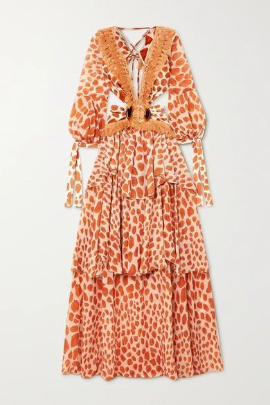 Margot Cutout Fringed Printed Chiffon And Stretch-jersey Maxi Dress - Orange
