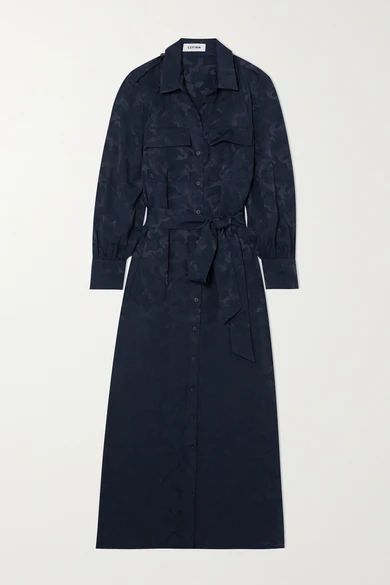 Robyn Belted Satin-jacquard Midi Shirt Dress - Navy