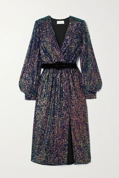 Roxbury Belted Wrap-effect Sequined Chiffon Midi Dress - Purple