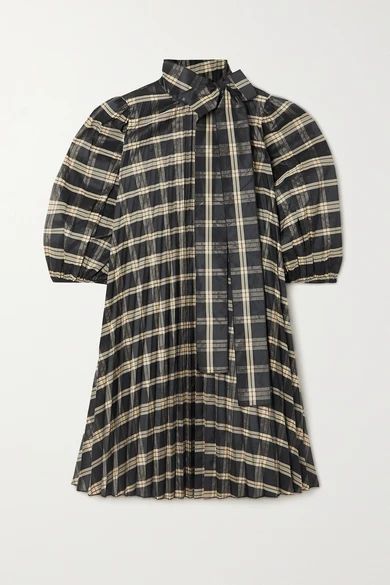 Oversized Tie-detailed Pleated Checked Poplin And Grosgrain Mini Dress - Black