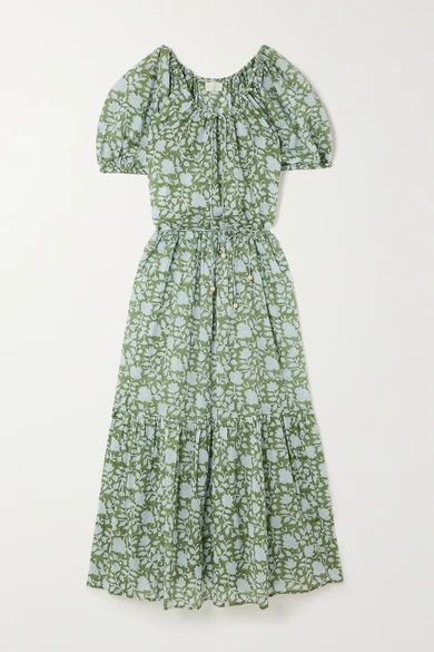+ Net Sustain Lotus Belted Tiered Printed Cotton Maxi Dress - Green